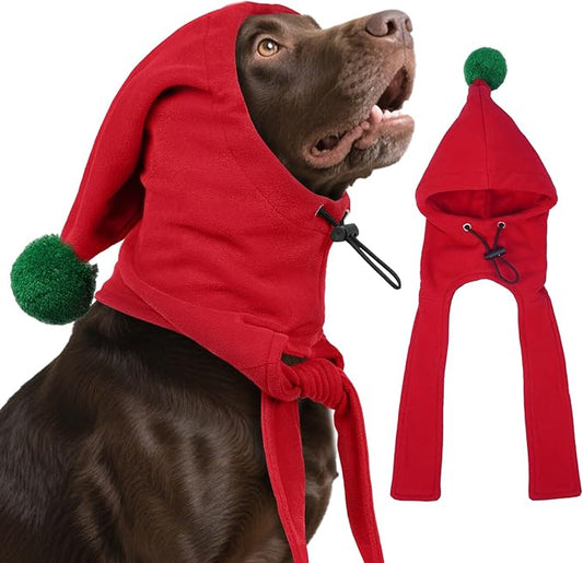 DENTRUN XL Dog Hood with Scarf - Extra Warm Fleece Hat for X-Large Dogs/Cats/Sheep, Adjustable Pom Pom Design, Christmas Pet Outfit, Red (XL:16-27" Head Girth)