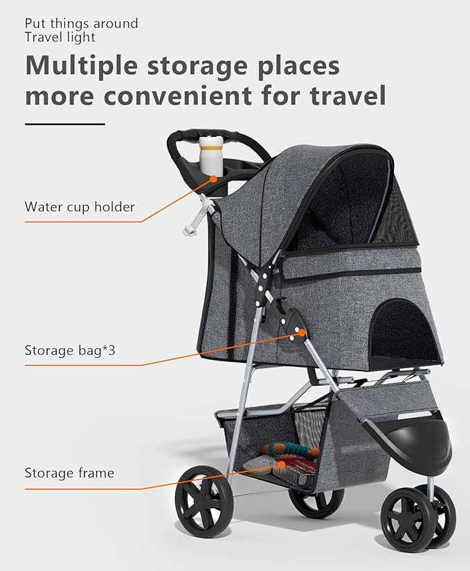 Pet Stroller with 3 Wheels for Small/Medium Pets, Portable Travel Foldable Carrier Jogger for Dog Cat Puppy Kitty, Rear Wheel Breaks, Storage Basket, Visible Mesh with Weather Cover (Gray)