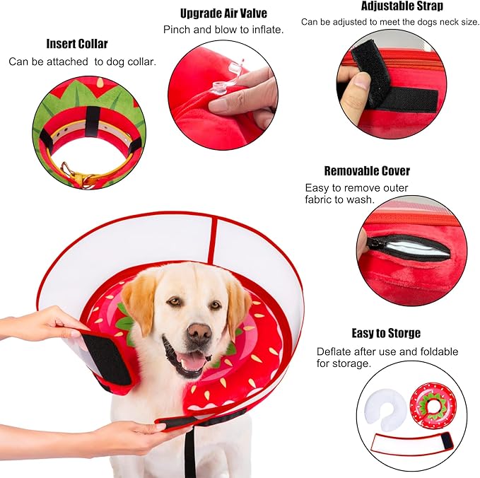 Inflatable Dog Cone Collar for Large Medium Small Dogs, Soft Dog Donut Collar Adjustable Recovery Cone for Pets After Surgery, Extra Enhanced Anti-Licking Guard Shield for Pets (ML, Strawberry)