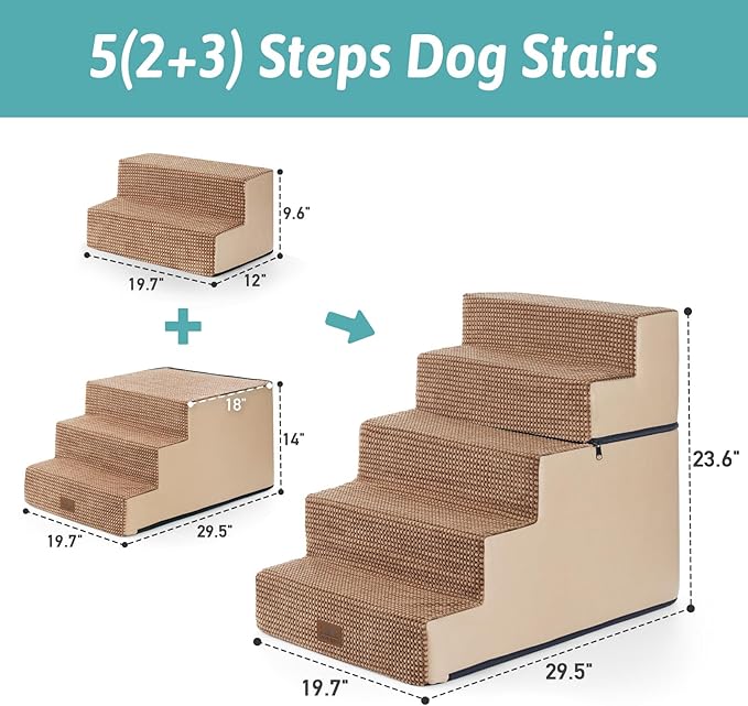 Dog Stairs for Small Dogs, 5 Tier Removable Wider Pet Stairs for Couch and Bed, 23.6" H Non-Slip Dog Steps for Puppies and Old Cats with Support Board, 19.7x29.5x23.6 inch, Light Brown