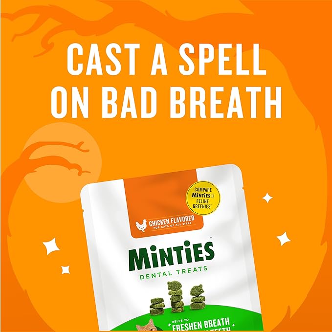 Minties Dental Treats for Cats, Chicken Flavored Treats for Cats, Freshens Breath and Controls Tartar, 30oz (12 2.5oz Bags)