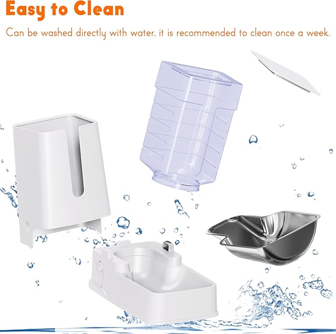 Cat Food Dispenser and Cat Water Dispenser Set with Stainless Steel Bowls Gravity Dog Feeder for Small Medium Big Cat Dog Pet Puppy Kitten, 1 Gallon x 2