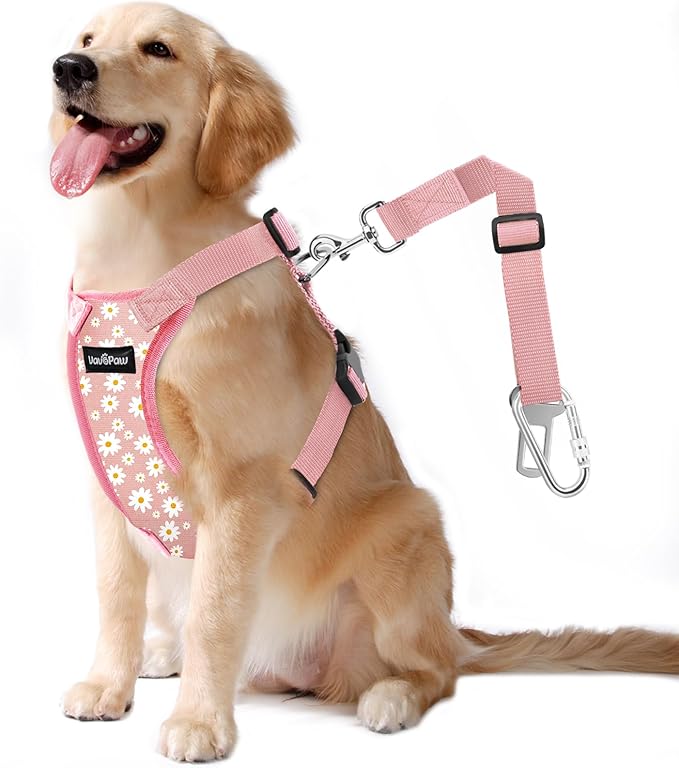 Dog Seat Belt, Safety Vest Dog Car Harness with Adjustable Buckle Dog Seat Belt for Vehicle Nylon Pet Safety Seat Belts Heavy Duty(L, Pink Daisy)