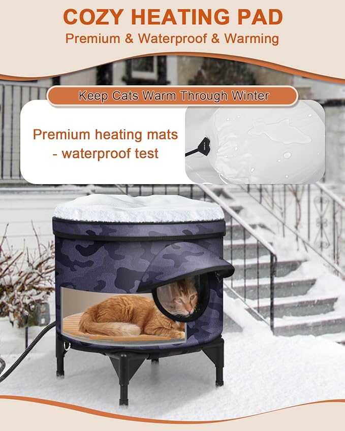 Heated Cat House for Outdoor in Winter, Metal Frame Cat Bed Kitty Shelter with Heating Pad, Insulated & Safe Escape Door & Weatherproof, Warm Home for Outside Stray Cat (Black camo, 16.8"x16.8")