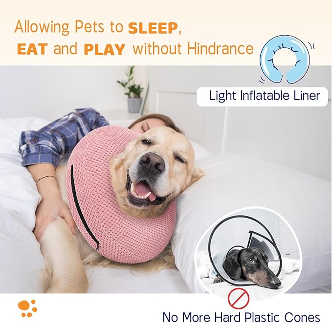 Supet Inflatable Dog Cone Collar for Dogs to Stop Licking, Dog Donut Collar After Surgery, Soft Pet Cone for Small Medium Large Dogs Pink 02 XXL