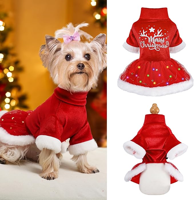 Dog Christmas Dress Light Up Pet Christmas Costume Outfit Fall Winter Puppy Sweaters for Small Dogs Girl Cat Clothes Pet Apparel