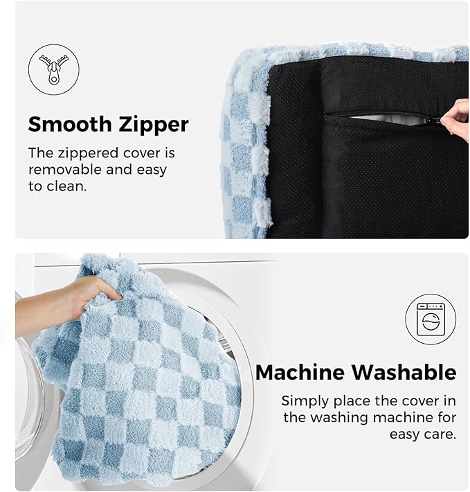 MADE 4 PETS Cat and Dog Indoor Couch Bed, Soft Faux Fur Checkered Pet Sofa, Cozy Fluffy Pet Sofa with Supportive Foam, Removable Washable Cover with Non-Slip Base, Blue, Medium