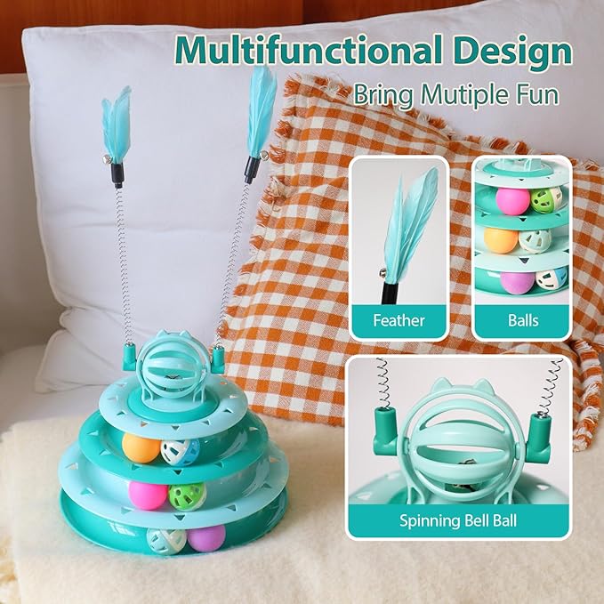 Kitten Toys, Interactive Cat Puzzle Toys for Indoor Cats, Cat Tower with 2 Kitty Teasers and Ball Track (Green)