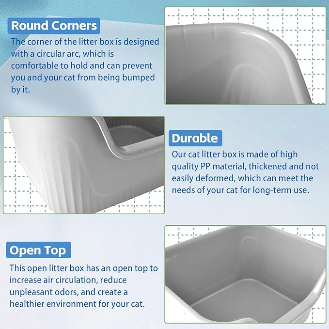 Large Cat Litter Box with High Sides,17.5"x15"x8.9" Open Top Cat Litter Pan Anti Splashing Non-Stick Litter Tray Low Entry Cat Litter Boxes Jumbo Kitty Litter Toilet Easy Clean for Cats(Gray)