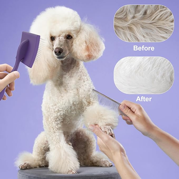 Slicker Brush for Long Haired Dog, Long Bristle Dog Brush, Professional Grooming Tool for Poodle, Goldendoodles, Labradoodles, Easy to Remove Loose Fur, Tangles, Mats, Fluff, Purple