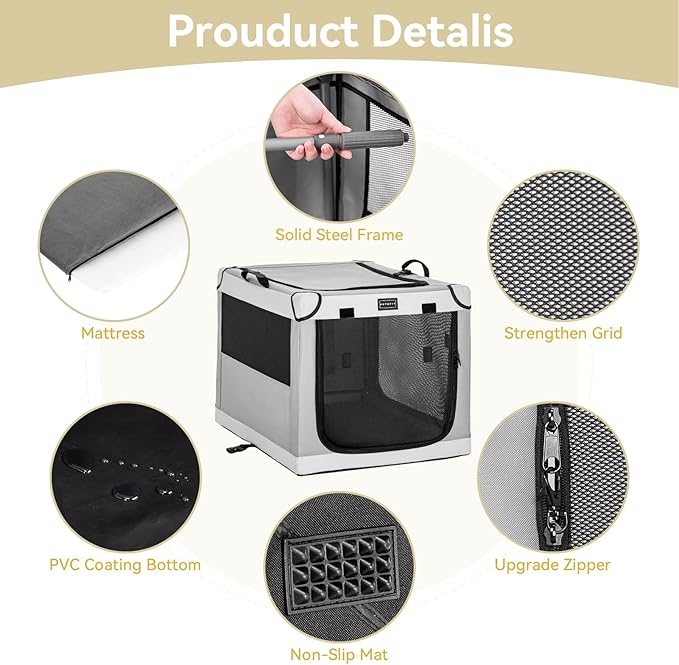 PETSFIT Portable Dog Crate, Soft Dog Crate - 36 Inch Easy Set-up, Light, Sturdy, Comfy Inside with Thicken Mat, Collapsible Crate for Home and Travel Light Grey