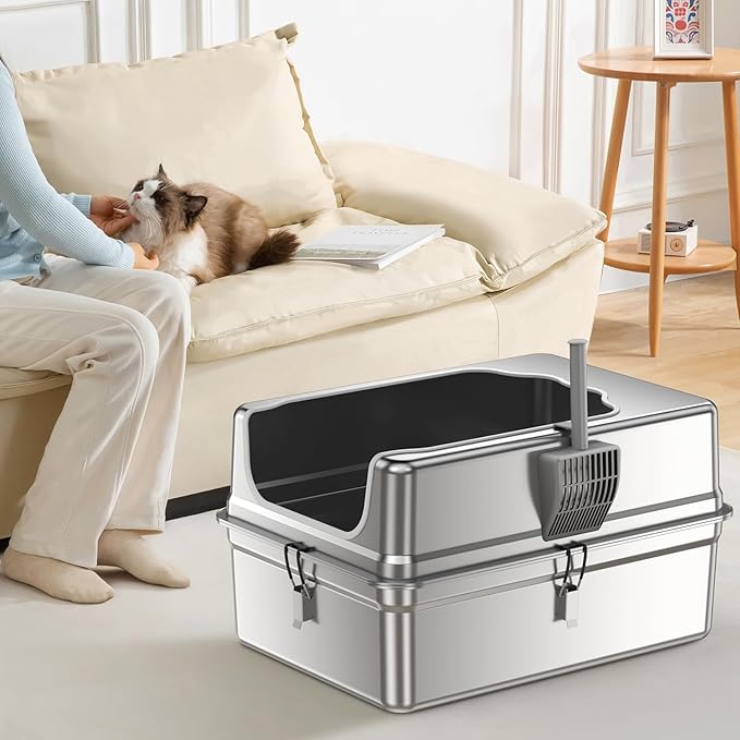 XXXL Stainless Steel Litter Box,28"L*20"W*12.5"H Large Capacity Metal Cat Litter Box for Big & Multiple Cats,Anti-Leakage,Non-Stick Surface for Easy Cleaning,Odor-Resistant,Scratch-Resistant