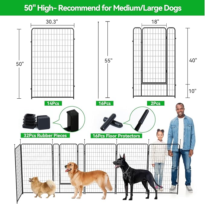 Dog Playpen Outdoor 16 Piece Panels Heavy Duty Dog Pen 26" W×50" H Anti-Rust Exercise Fence with Doors for Large/Medium Pet Play for RV Camping Yard