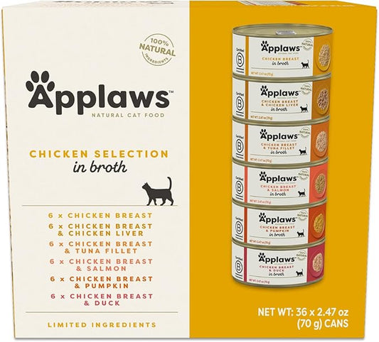 Applaws Natural Wet Canned Cat Food, Made with Limited and Natural Ingreidents, High Protein with No Artificial Additives or Fillers, Chicken Selection in Broth Cans (36 x 2.47oz Cans)