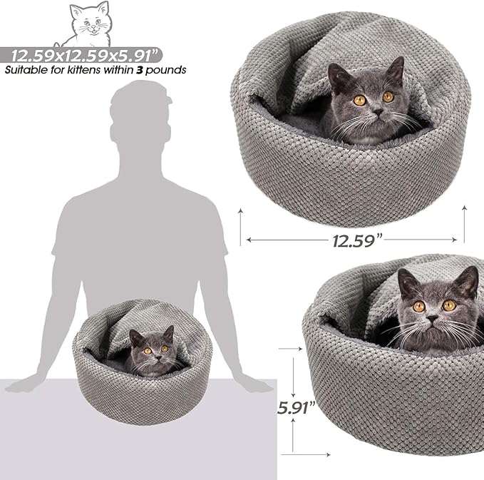 Winsterch Washable Cat Bed - Round Soft, Cozy & Warming for Indoor Cats. Calming Kitten Pet Bed. Small Pet Covered Cat Cave Beds (Gray,12.59 x 12.59 x 5.91 in)