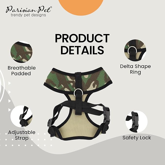 Parisian Pet Adjustable Freedom Dog Harness - Green Camo Vest - 100% Mesh Fabric Cooling - Ideal for Outdoor Adventures - Large to XL Sized Dogs