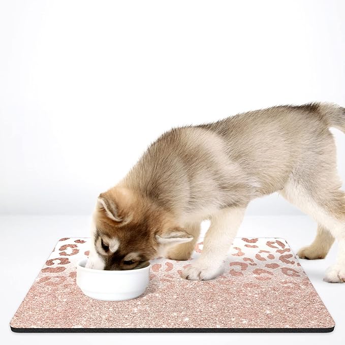 Rnivvi Dog Food Mat, 16" x 24" Leopard Absorbent Dog Cat Bowl Mat for Food and Water, Cute Anti-Slip Rubber Pet Feeding Rug Protect Floors, Puppy Placemat for Feeding & Watering Supplies, Rose