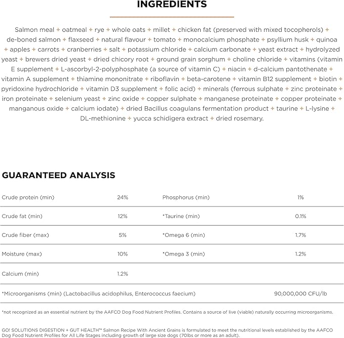 Go! Solutions Digestion + Gut Health, Dry Dog Food, Salmon Recipe with Ancient Grains, 22 lb Bag