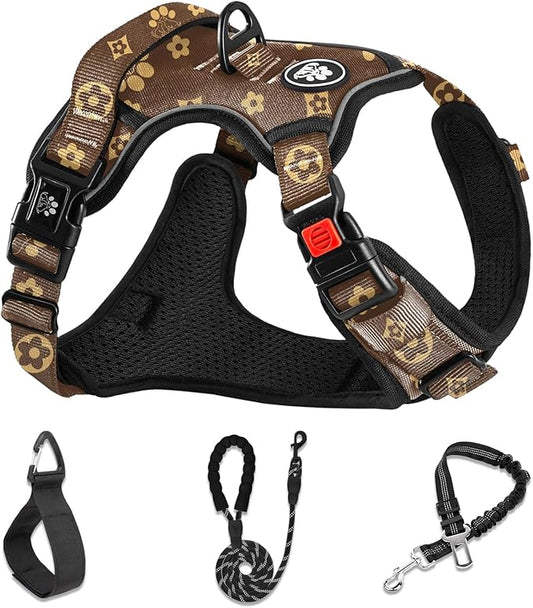 NESTROAD No Pull Dog Harness,Adjustable Oxford Dog Vest Harness with Leash,Reflective No-Choke Pet Harness with Easy Control Soft Handle for Large Dogs(Large,Dark Brown)
