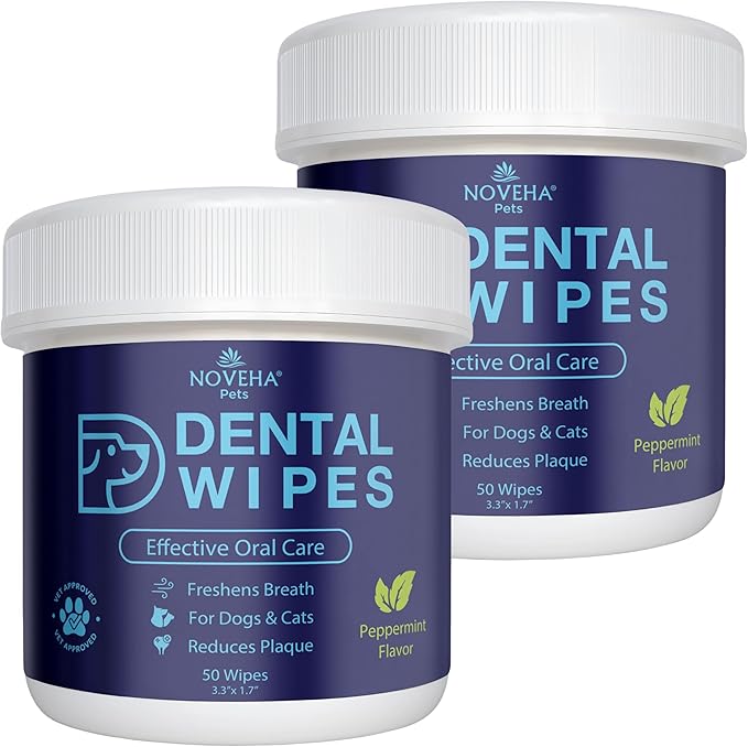 NOVEHA 100PCs Pets Dental Finger Wipes for Dogs & Cats | Freshens Breath, Reduces Plaque | Healthier Gums | Clean Teeth No Toothbrush | Vet Recommended Effective Natural Oral Care | Mint Flavor