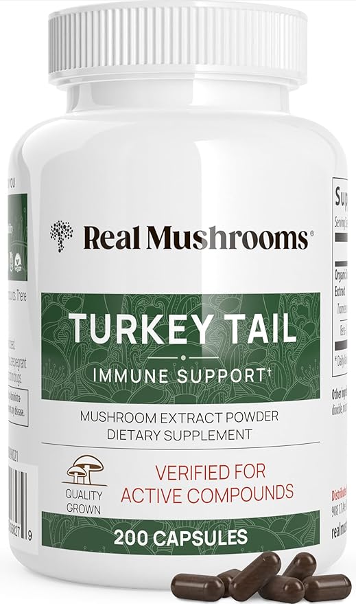 Real Mushrooms Turkey Tail Capsules – Organic Mushroom Extract for Daily Wellness, Gut Harmony, Energy Support – Vegan, Non-GMO, No Fillers – Turkey Tail Extract 200 Count Mushroom Supplement