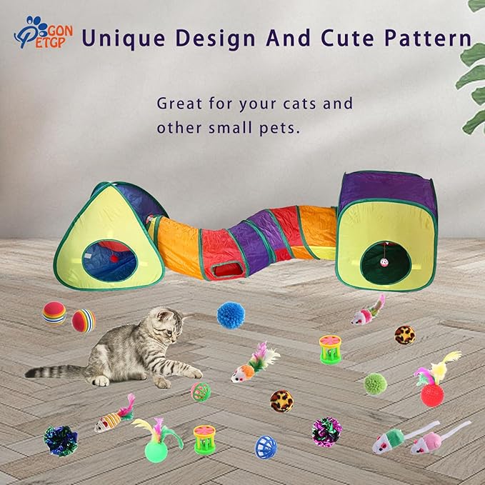 Cat Toys for Indoor Cats, Kitten Toys Set, Collapsible Pet Tunnel Cube Tent Toys, Interactive Cat Feather Teaser Wand Cat Bell Balls Fuzzy Ball Springs Mouse Toys (Rainbow)