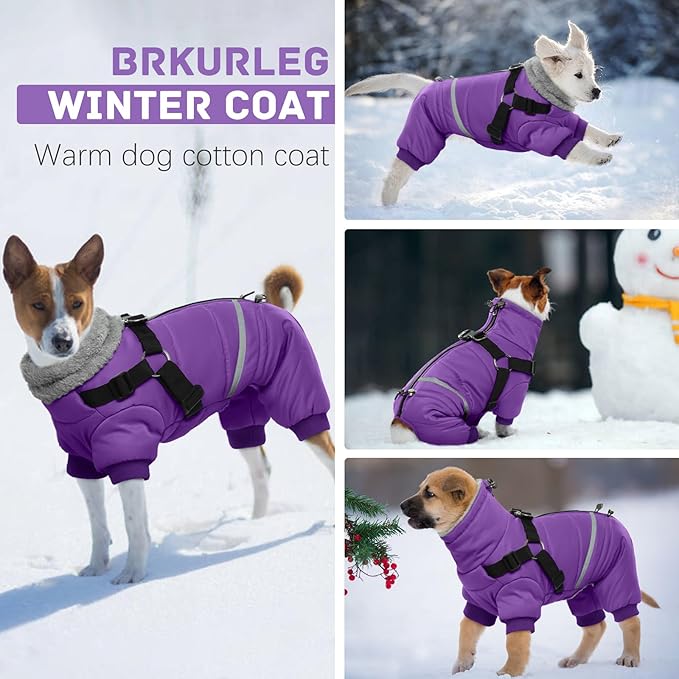 BRKURLEG Purple Dog Coat with Harness, Dog Winter Jacket, Dogs Onesie Body Warm Jackets, Small Medium Dogs Winter Coats Reflective Windproof Warm Cold Weather Coats, Pet Waterproof Jacket, XXL