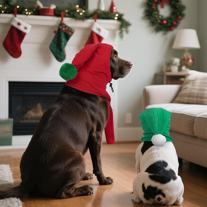 DENTRUN Dog Winter Hat - Cozy Fleece Hood & Scarf for Large Dogs, Noise-Reducing Ear Cover, Christmas Costume, Red (L:12-18" Head Girth)