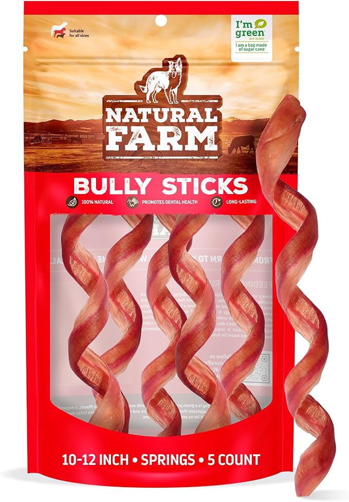 Natural Farm Odor-Free Curly Bully Sticks (10-12 Inch, 5 Pack), Fully Digestible, 100% Beef Pizzle Chews, More Engagement & Fun, Grass-Fed, Non-GMO, Fully Digestible - Best for Small & Medium Chewers