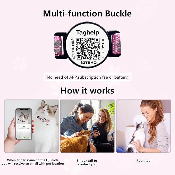 Peace of Mind Cat Collar 2-Pack: QR Code Tag with Permanent Online ID + Breakaway Reflective Collar, Scan for Immediate Contact if Lost (Pink & Black)