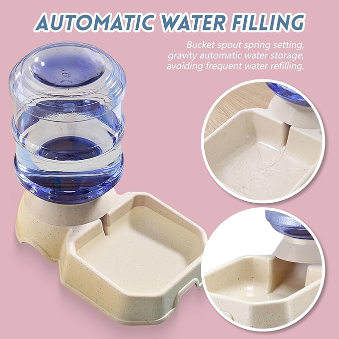 Automatic Pet Feeder & Waterer Set of 2 Pack, Self Feeding Replenish Dog Cat Bowls, Gravity Food & Water Storage Container Fountain Jug Pet Supplies Plastic Skid Proof Rubber Feet (White)