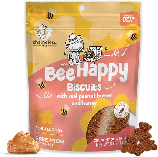 Shameless Pets Crunchy Dog Treats - Bee Happy Biscuits Snacks for Small, Medium & Large Dogs, Peanut Butter and Honey, Made in USA