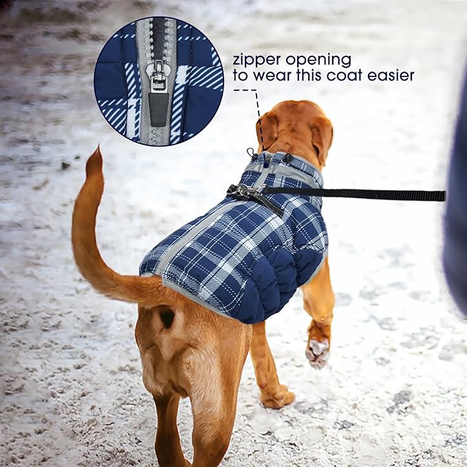 FUAMEY Dog Coat for Large Dogs,Waterproof Dog Winter Jacket with Harness Built in Puppy Cold Weather Coats Reflective Pet Vest with Zipper Warm Fleece Dogs Snowsuit Windproof Blue Plaid L