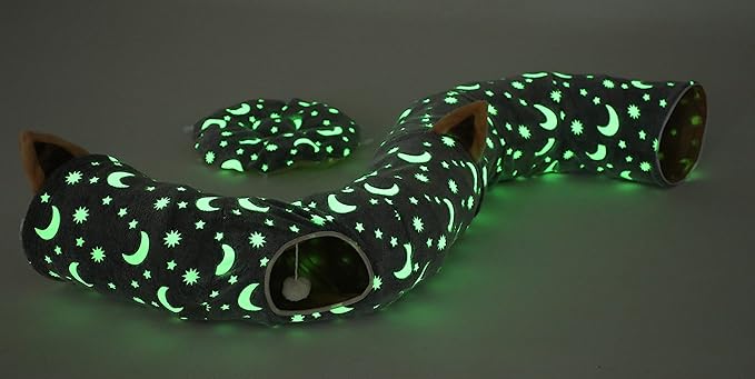 LUCKITTY Cat Tunnel Bed Under Christmas Tree with Plush Ball Toy Playground Crinkle Collapsible Self-Luminous Flannel Fabric 3FT for Large Cats Kittens Kitty Small Animals Puppy Grey Moon Star