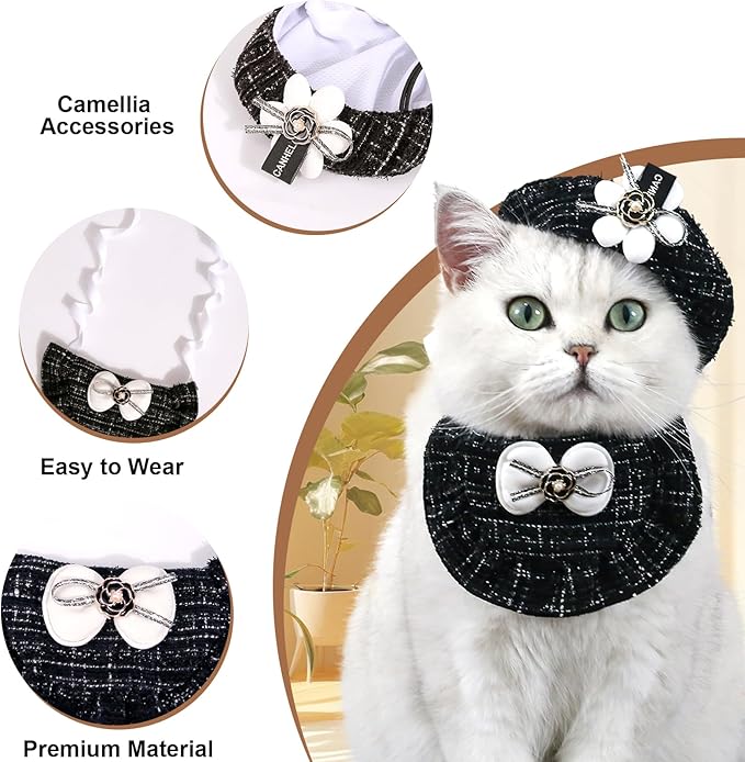 HOWWFALY 2PCS Cat Beret Hat with Camellia, Adjustable Bow Bandana Scarf Set Pet Princess Costume for Halloween Christmas, Cat Dog Birthday Party Apparel (Camellia)