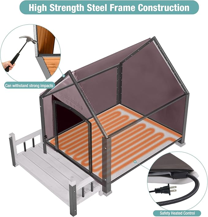 Insulated Dog House with Heating Pad, Weatherproof Outdoor Kennel for Large Dogs, Chew-Resistant Iron Frame & Asphalt Roof (Grey-H, L)