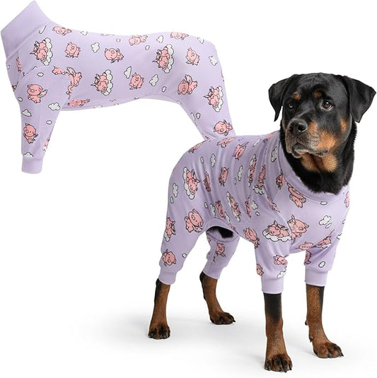 Spark Paws Dog Pajama, Dog Recovery Suit Male, Onesie, Ultra-Soft and 4-Way Stretch, for Small Medium and Large Breeds - When Pigs Fly - Purple - 4XL