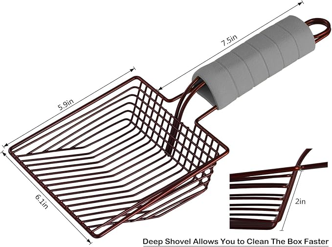 Cat Litter Scoop, Steel Metal Scooper with Deep Shovel and Long Foam Handle for Kitty Litter Box, Soft Pet Sifter, Comfy Poop Sifting, Pooper Lifter, Durable and Heavy Duty, Bronze Finish