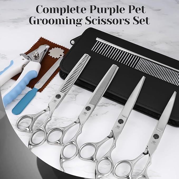 Professional Dog Grooming Scissors Set,Curved Dog Grooming, Thinning Scissors,Chunkers,440C Stainless Steel pet grooming scissors