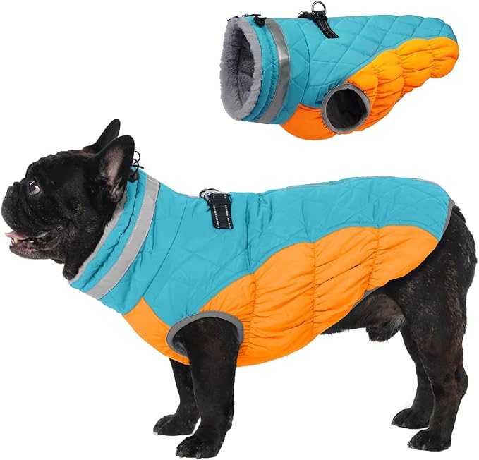 Warm Dog Jackets for Large Dogs, Waterproof Dog Coat with Harness Built in, Zipper Clousure, Fleece Lining for Cold Weather Outdoor Walks, Pet Snowsuit for Shiba Inu, French Bulldog - L