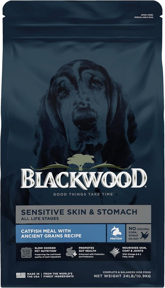 Blackwood Sensitive Skin & Stomach Dry Dog Food, Catfish Meal & Brown Rice with Ancient Grains, 24 Pound Bag with Prebiotics & Probiotics to Promote Gut Health