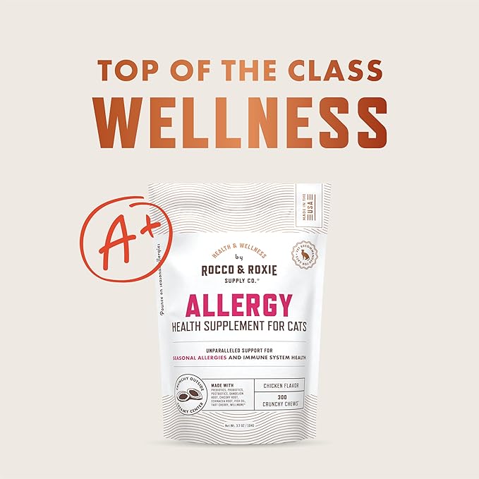 Rocco & Roxie Allergy Relief for Cats, Cat Supplements & Vitamins, Probiotics to Support Gut Health, Fish Oil for Skin, Sneezing and Itching from Seasonal Allergies, Tart Cherry Immune System Support