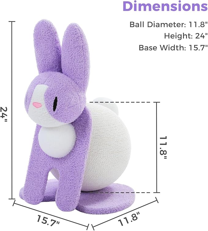 Cute Cat Scratching Post- Bunny Style, Cat Scratcher Toy with Paper Rope, Extra Large Cat Scratch Ball (Ø11.8) for Indoor Kitten, Rabbit Scratch Ball for Kitty to Climb & Play, Purple