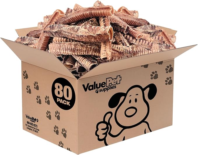 ValueBull Beef Trachea Tubes, Premium 10-12 Inch, 80 Count Bulk Pack - Natural Angus Dog Chews with Glucosamine, Chondroitin & Amino Acids