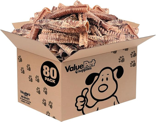 ValueBull Beef Trachea Tubes, Premium 10-12 Inch, 80 Count Bulk Pack - Natural Angus Dog Chews with Glucosamine, Chondroitin & Amino Acids