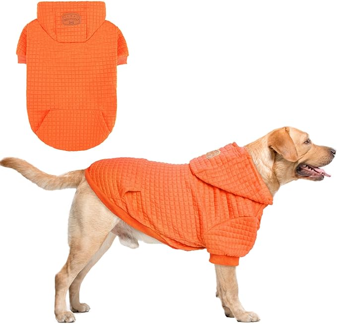 BEAUTYZOO Medium Dog Hoodie Sweater with Pockets, Dog Clothes for Small Medium Dogs Boy Girl, Waffle-Like Laminated Cotton Pet Coats with Hat and Leash Hole, Orange XL