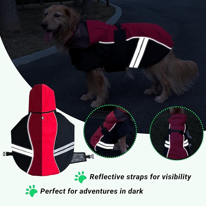 Dog Raincoat for Medium Large Extra Large Dogs, Waterproof Rain Jacket with Reflective Strap, Lightweight Hoodies Full-Body Coverage Dry Clothes (L, Red)
