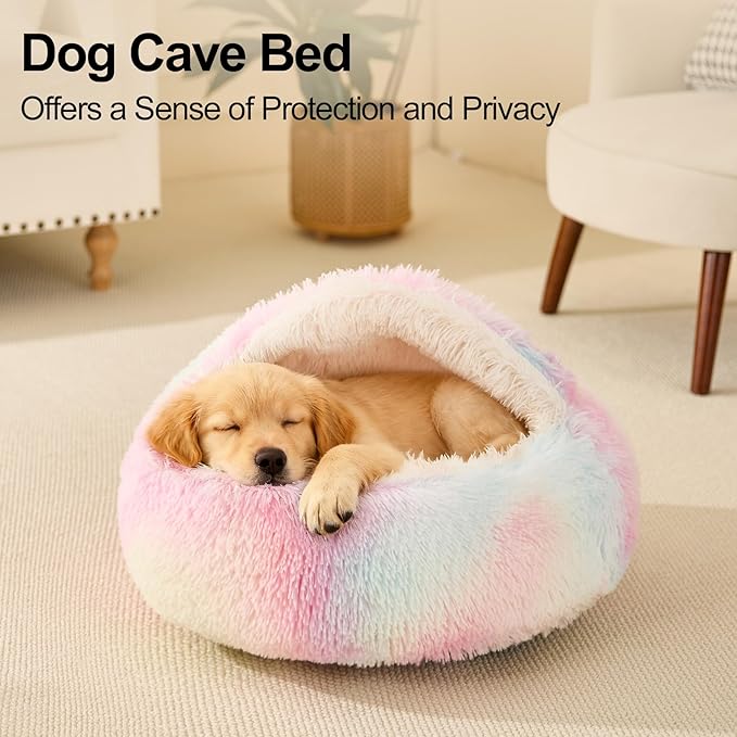 Calming Dog Beds & Cat Cave Bed with Hooded Cover,Removable Washable Round Beds for Small Medium Pets,Anti-Slip Faux Fur Fluffy Coved Bed for Improved Sleep,Fits up to 15/25 lbs(Colorful,M)