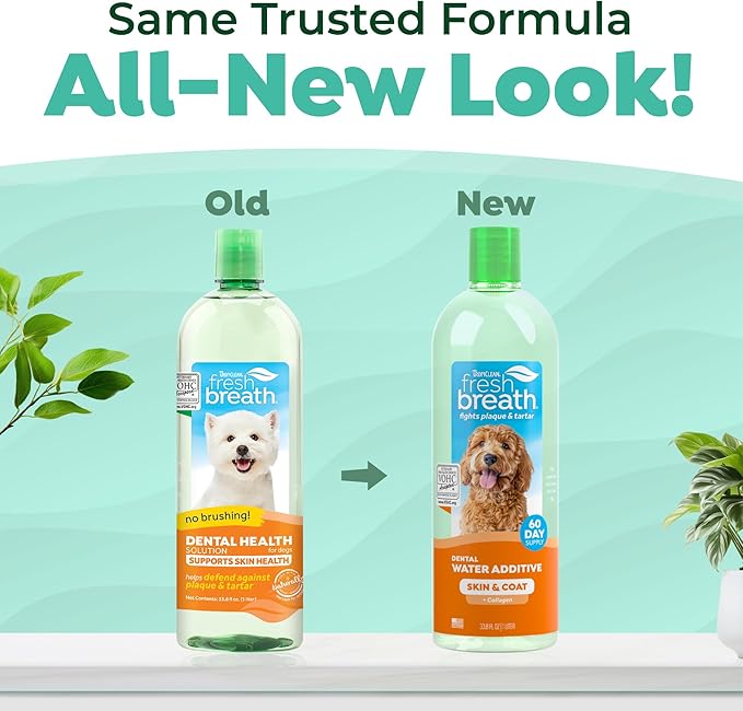 TropiClean Fresh Breath Water Additive for Dogs with Collagen, Skin Health Support for Dogs, Breath Freshener and Teeth Cleaning Solution, 33.8oz.