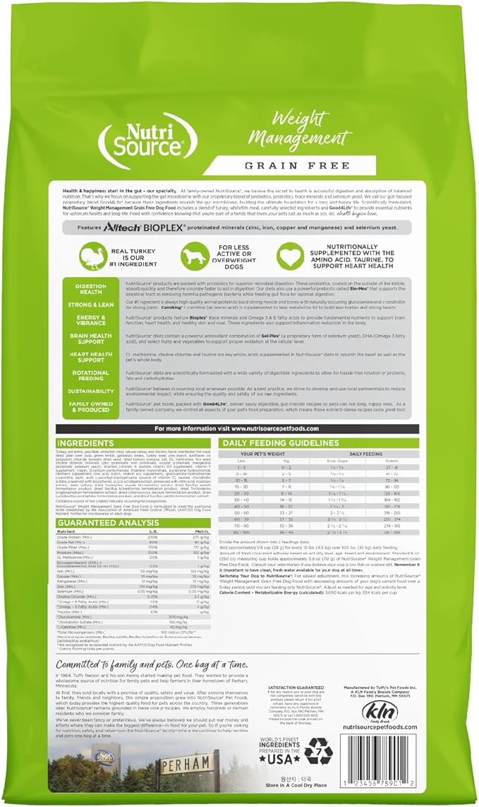 NutriSource Grain Free Dry Dog Food for Weight Management, Turkey, Whitefish Meal and Menhaden Fish Meal, 12LB